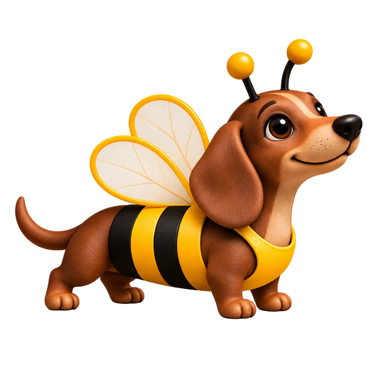 Bee, nossa mascote dachshund marrom com asas e roupinha de abelha
